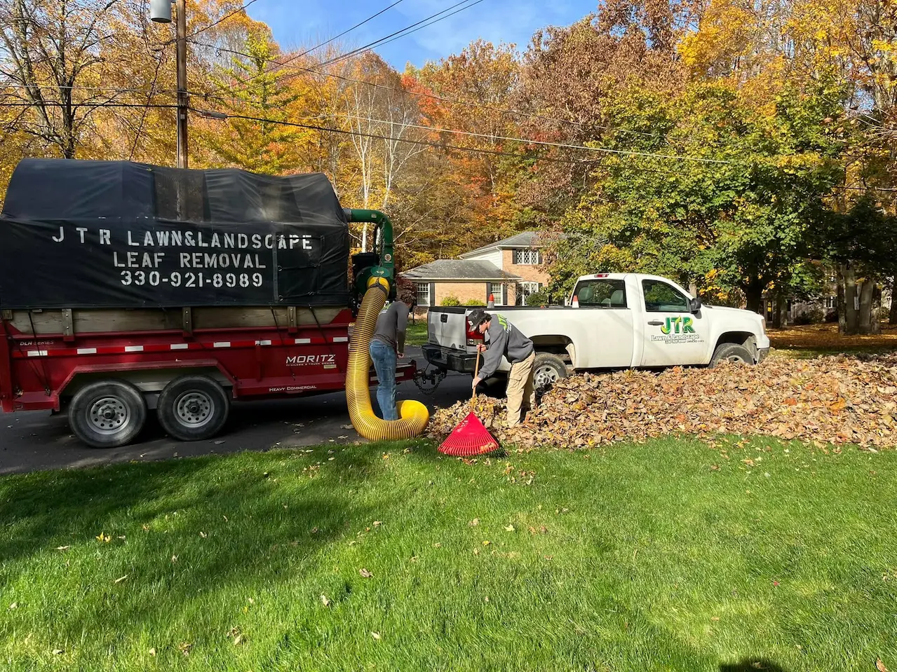 Fall leaf removal and seasonal yard cleanup with professional equipment at a residential property in Youngstown, Ohio