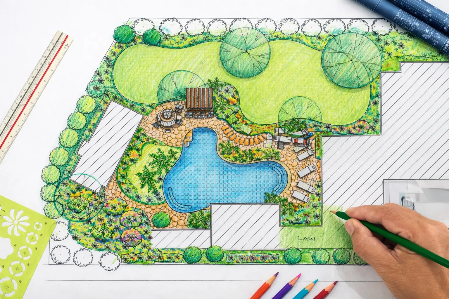 Hand-drawn landscape design plan showing backyard layout with pool, patio, plantings, and lawn areas
