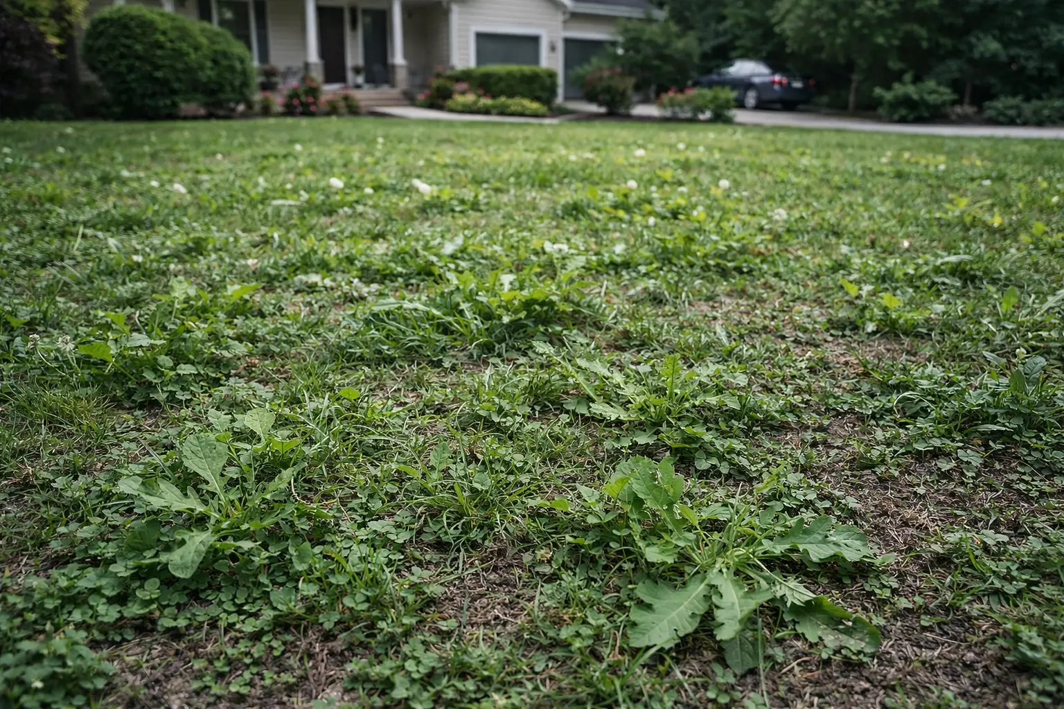 Residential lawn with weeds and patchy grass before weed control and lawn treatment