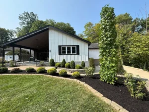 Modern residential landscaping with clean mulch beds and defined edging