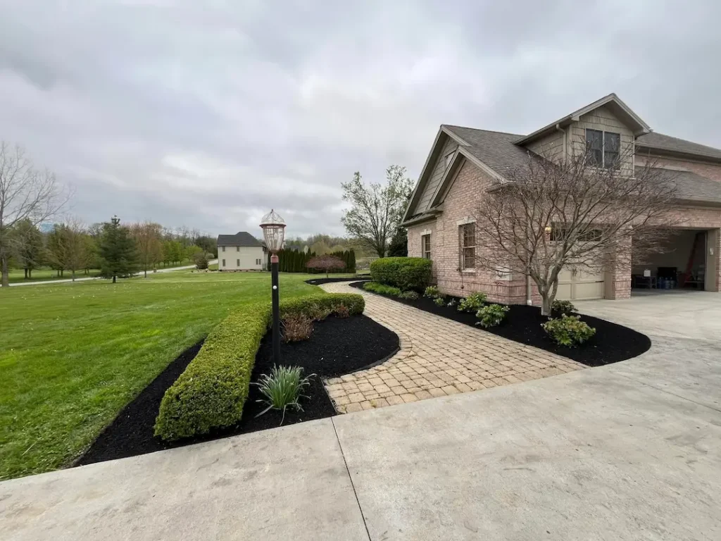 Paver walkway and driveway landscaping with mulch beds and shrubs at a residential property