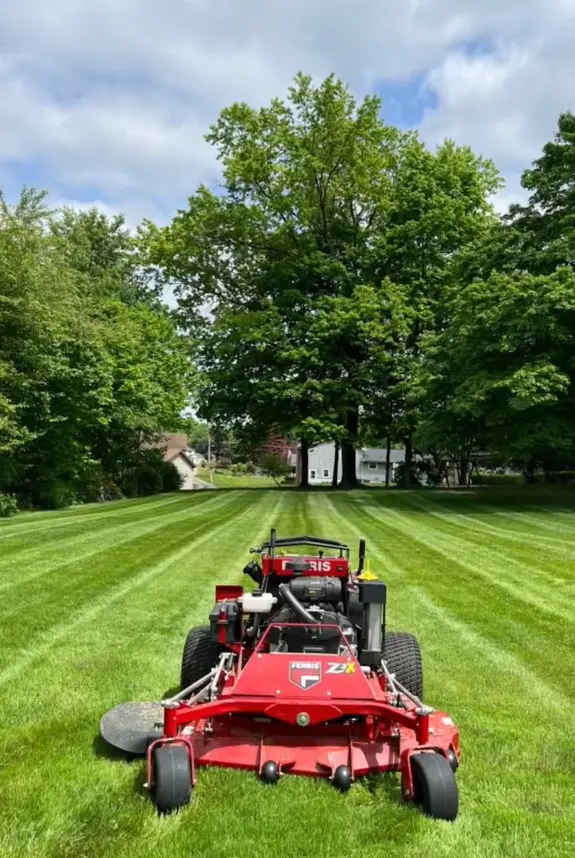 Professional lawn mowing creating clean striped pattern across residential lawn